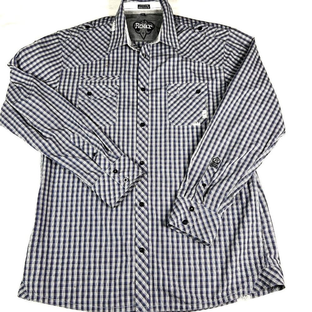 ROAR Mens Micro Plaid Embroidered Long Sleeve Button / Snap Shirt Logo‎ Patch XL